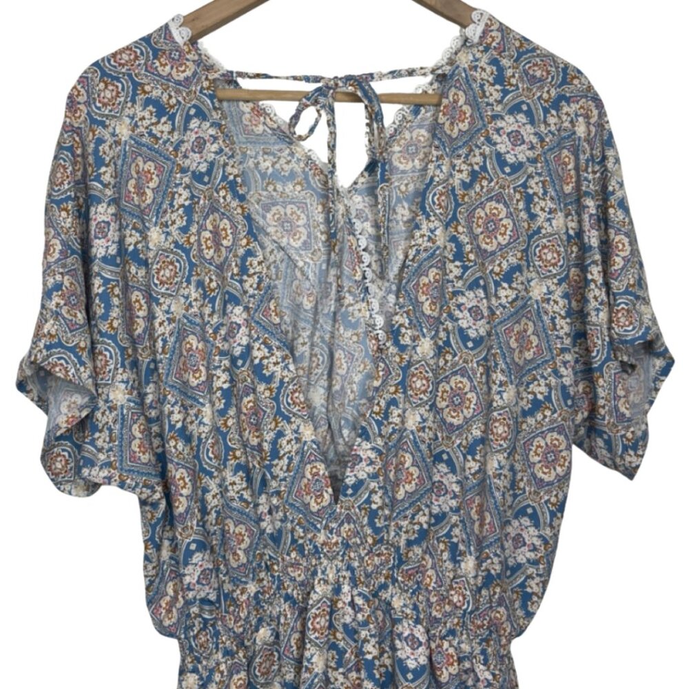 DAVI & DANI | Women's Boho Lace Trim Short Sleeve V-Neck Lined Romper | Size L - Picture 9 of 14